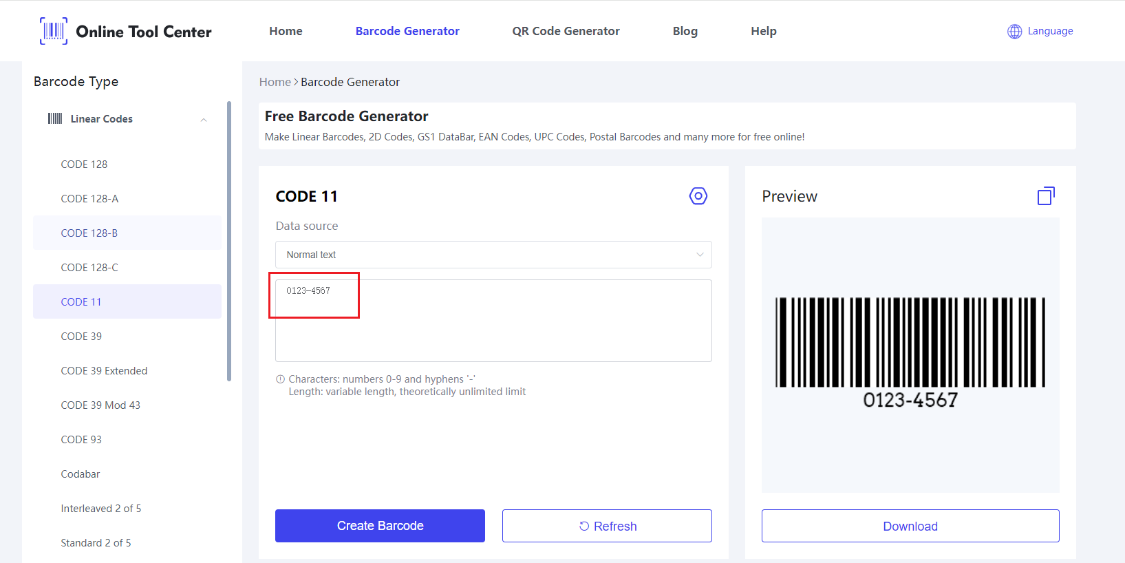 Bemeneti adatok a Code 11 Barcode Generator.png oldalon