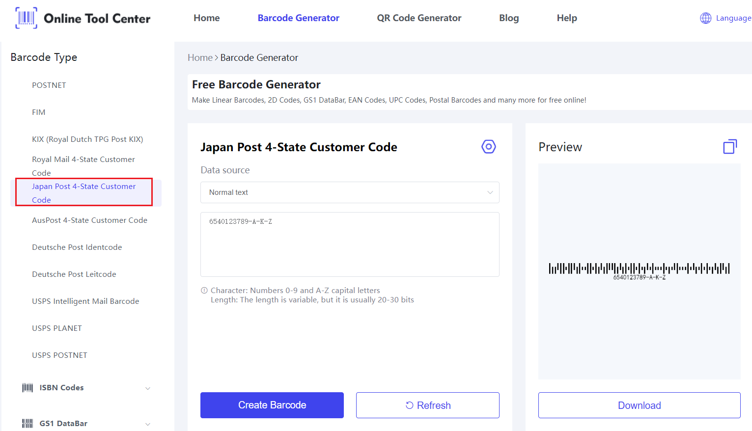 Japán Post 4 State Customer vonalkód generator.png