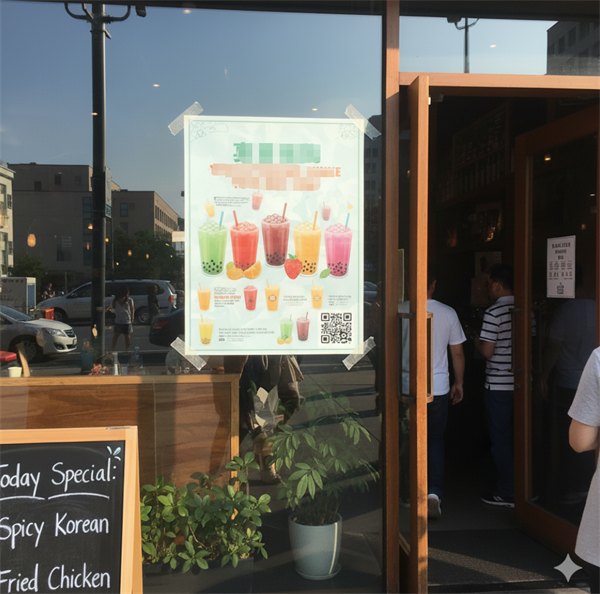 QR k&oacute;d egy prom&oacute;ci&oacute;s plak&aacute;ton a bolt bej&aacute;rat&aacute;n&aacute;l